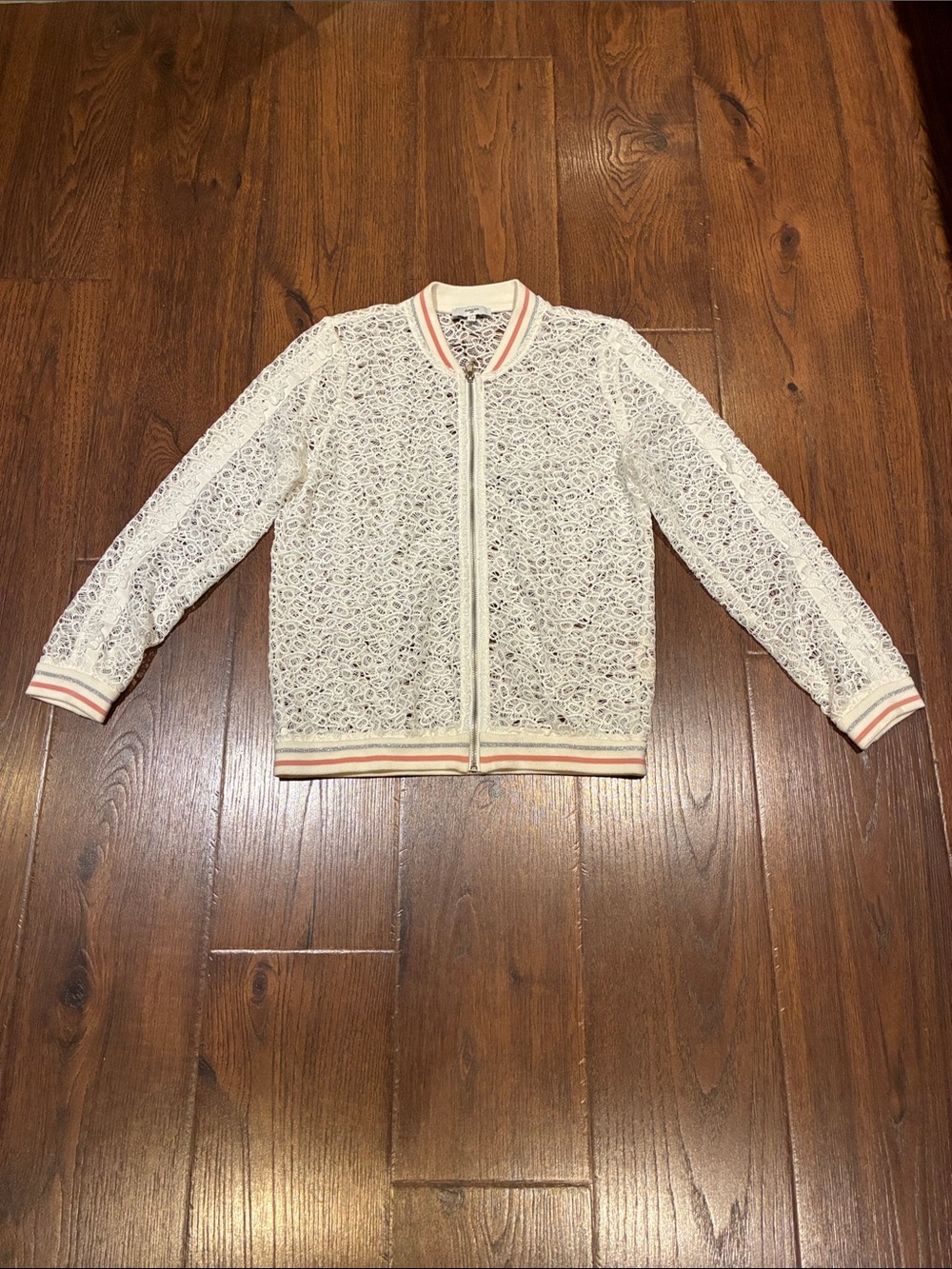 SUNCOO White Lace Bomber Jacket with Pink and Tan Trim